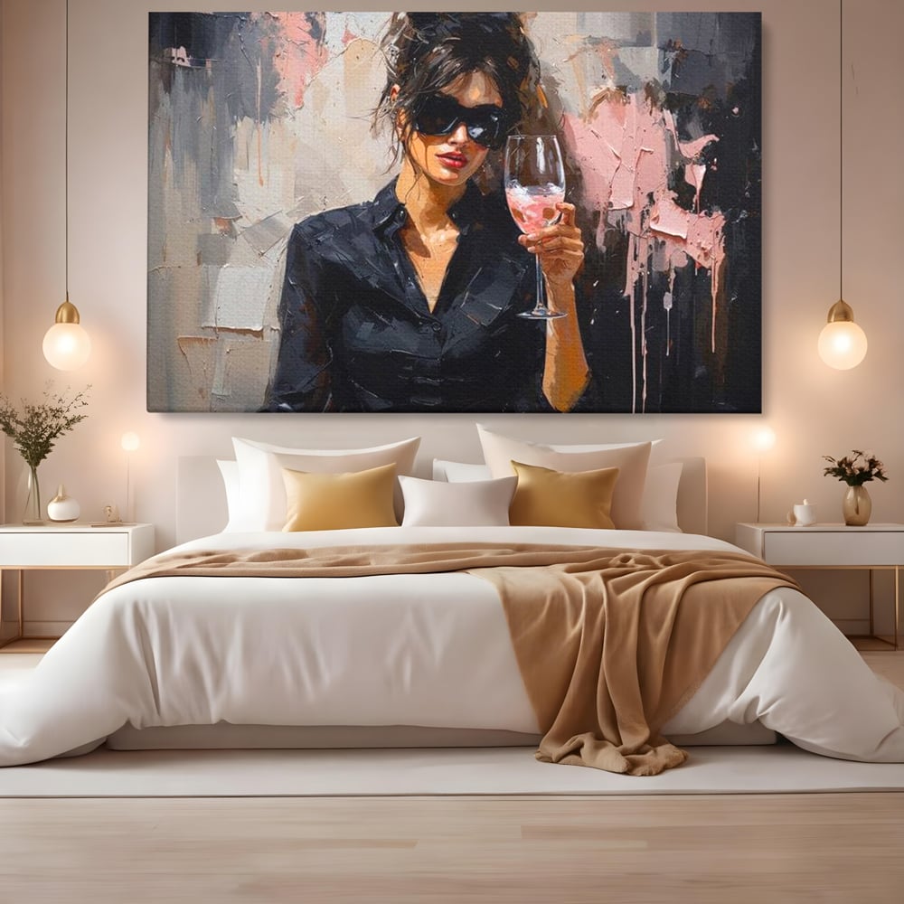 Tablou canvas cu tablou canvas cu femeie si pahar de vin, fara rama, pe sasiu de lemn, pe perete intr-un dormitor